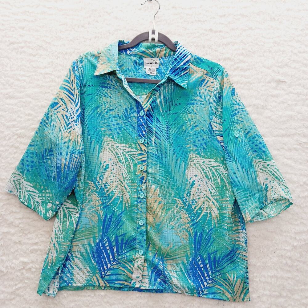 Blouse Teal Blue Leaf Tropical Print Cruise Resort Vacation Coastal Chic Size MP